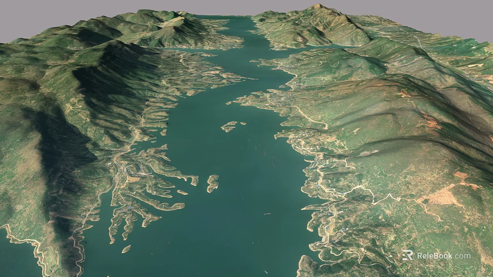 Aerial View of Scenic Mountain Lake with Surrounding Green Hills and Water Channels 3d model 