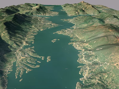 Aerial View of Scenic Mountain Lake with Surrounding Green Hills and Water Channels 3d model