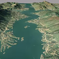 Aerial View of Scenic Mountain Lake with Surrounding Green Hills and Water Channels