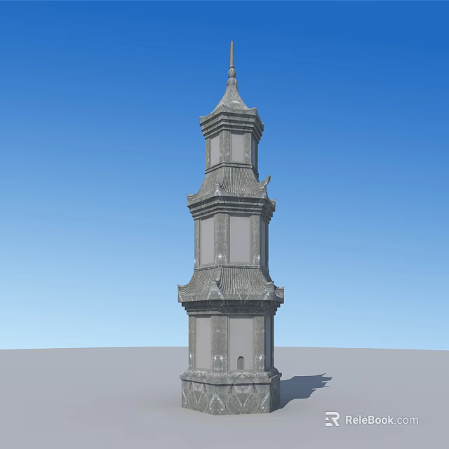 Traditional Chinese Stone Pagoda With Multi Story Structure Overhanging Eaves Against Blue Sky 3d model 