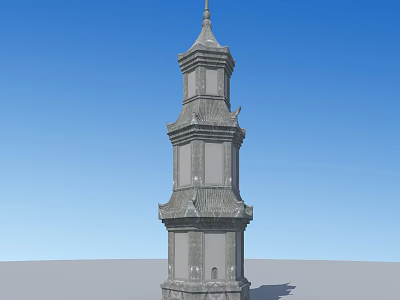 Traditional Chinese Stone Pagoda With Multi Story Structure Overhanging Eaves Against Blue Sky 3d model