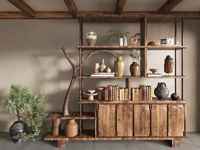 Rustic Decorative Ornament Set With Clay Vases Books And Green Plants On Wooden Shelf 3d model