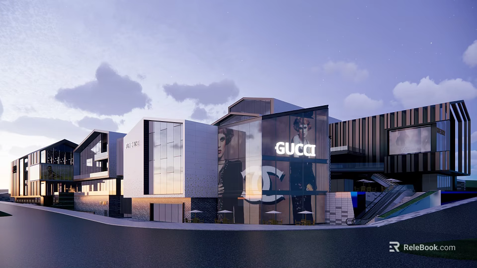 Stylish Commercial Street With GUCCI Store And Modern Glass Facade Design 3d model 