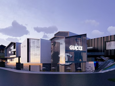 Stylish Commercial Street With GUCCI Store And Modern Glass Facade Design 3d model