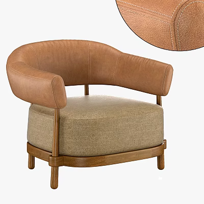 Stylish Modern Armchair With Leather Armrests Fabric Seat Cushion And Wooden Legs 3d model