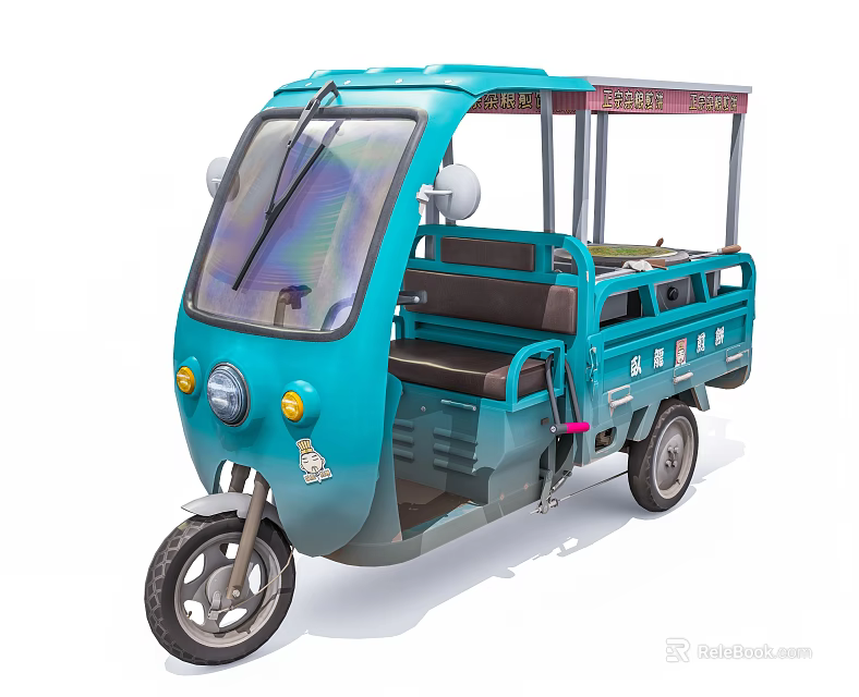 Blue Cargo Tricycle With Cab Windshield And Rear Loading Area 3d model 