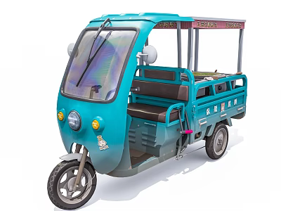 Blue Cargo Tricycle With Cab Windshield And Rear Loading Area 3d model