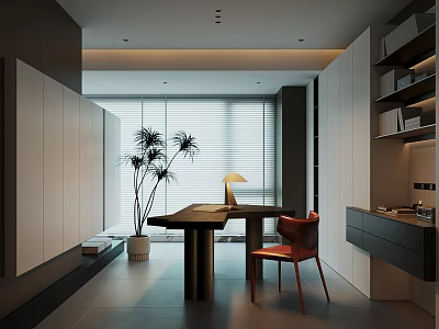 Modern Home Office Interior Design With Wooden Desk Red Chair Table Lamp And Window Blinds 3d model