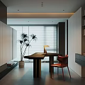 Modern Home Office Interior Design With Wooden Desk Red Chair Table Lamp And Window Blinds