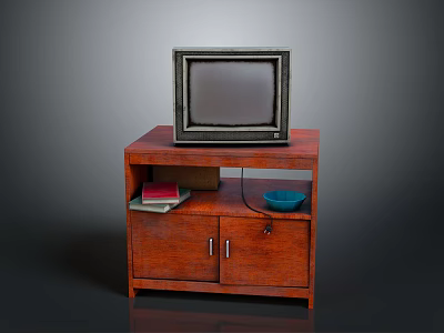 Vintage Old Computer Monitor On Wooden TV Stand With Blue Bowl And Books 3d model
