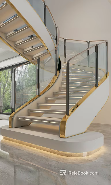 Modern Spiral Staircase With Glass Railing Gold Accents And LED Strip Lighting 3d model 