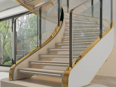 Modern Spiral Staircase With Glass Railing Gold Accents And LED Strip Lighting 3d model