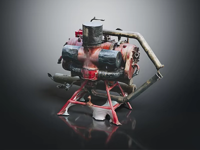 Red And Black Automotive Engine Component With Metal Pipes On Red Stand Dark Background 3d model
