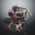Red And Black Automotive Engine Component With Metal Pipes On Red Stand Dark Background
