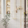 Modern Bathroom Interior Featuring White Tiled Walls Arched Mirror Lemon Art And Patterned Countertop