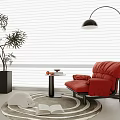 Red Comfortable Lounge Chair With Small Round Table Fruits Floor Lamp Plant Blinds Rug And Book