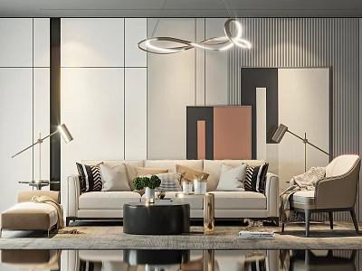 Modern Sofa and Coffee Table Set With Cushions Floor Lamps Accent Chair And Wall Art 3d model