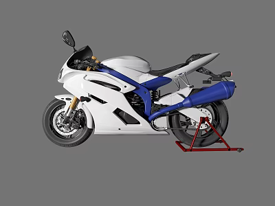 White and Blue Sports Motorcycle with Red Stand and Sleek Aerodynamic Design 3d model