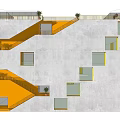 Modern Building Design With Gray Exterior Yellow Staircases Balconies Windows And Green Plants