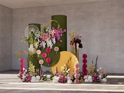 Decorative Floral Setup With Green Pillars Fan Decor And Colorful Ornaments 3d model