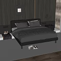 Modern Bedroom Interior With Black Double Bed Gray Quilt Pillows Wooden Wall And Carpet