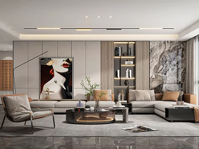 Modern Elegant Living Room Interior With Beige Sofa Coffee Table Artwork And Marble Accent Wall 3d model