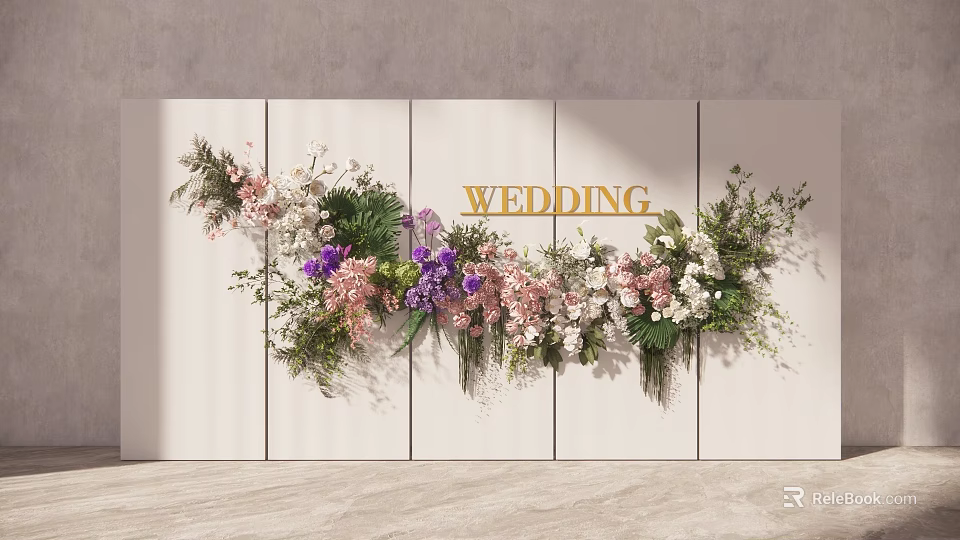 Wedding Background Wall With White Panel Design Golden Letters Pink Purple White Flowers Greenery Decorations 3d model 
