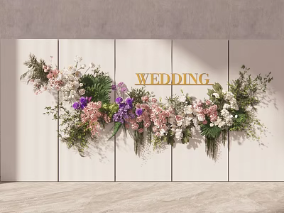 Wedding Background Wall With White Panel Design Golden Letters Pink Purple White Flowers Greenery Decorations 3d model