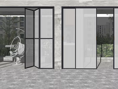 Modern Folding Glass Doors With Black Frames Connecting Indoor Outdoor Areas 3d model