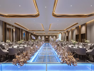 Luxurious Modern Banquet Hall With Gold Accents Central Walkway Dining Tables And Lighting Effects 3d model