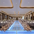 Luxurious Modern Banquet Hall With Gold Accents Central Walkway Dining Tables And Lighting Effects