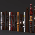 Various Wooden Balusters With Decorative Designs And Different Color Finishes