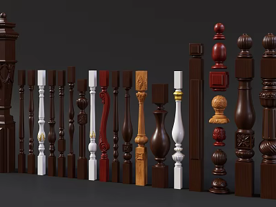 Various Wooden Balusters With Decorative Designs And Different Color Finishes 3d model