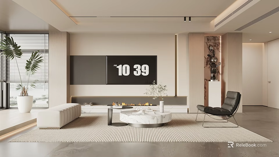 Modern Living Room Interior With Large Screen TV Fireplace White Sofa And Round Coffee Table 3d model 