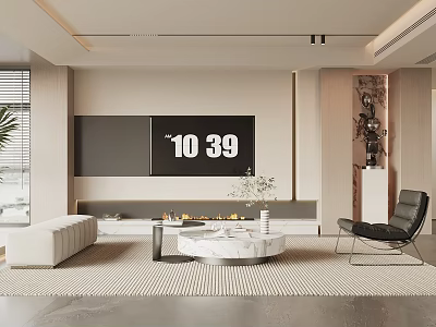 Modern Living Room Interior With Large Screen TV Fireplace White Sofa And Round Coffee Table 3d model