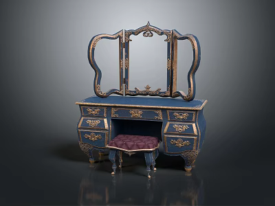 Vintage Blue Dressing Table With Gold Accents Carved Mirror Drawers And Velvet Stool 3d model