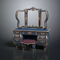 Vintage Blue Dressing Table With Gold Accents Carved Mirror Drawers And Velvet Stool