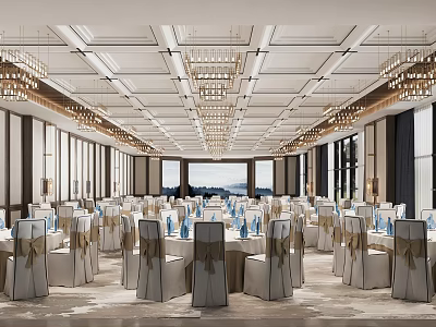 Luxurious Banquet Hall Interior Design With Crystal Chandeliers Round Tables And White Chair Covers 3d model