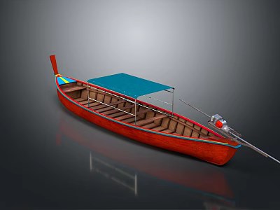 Classic Red Wooden Boat With Blue Canopy Wooden Seats And Outboard Motor 3d model