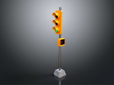 Yellow Traffic Light With Green Illuminated Signal And Pedestrian Indicator On Metal Pole Concrete Base 3d model