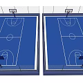 Indoor Basketball Court Design With Blue Surface White Lines Fencing And Hoops