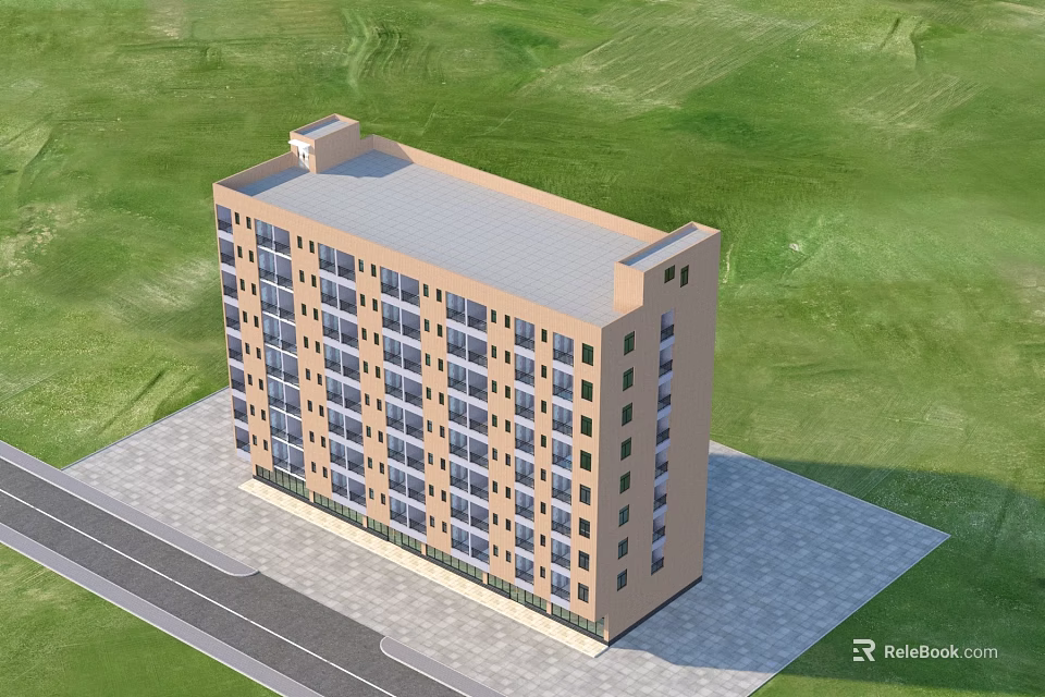 Peach Colored Multi Floor Residential Building With Flat Roof And Green Grassy Surroundings 3d model 