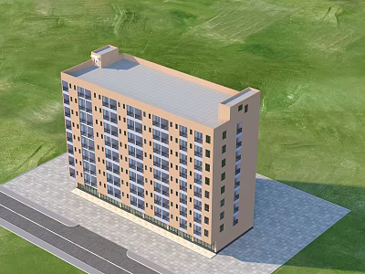Peach Colored Multi Floor Residential Building With Flat Roof And Green Grassy Surroundings 3d model