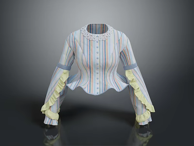 Colorful Striped Shirt With Lace Collar Ruffled Cuffs And Button Details 3d model