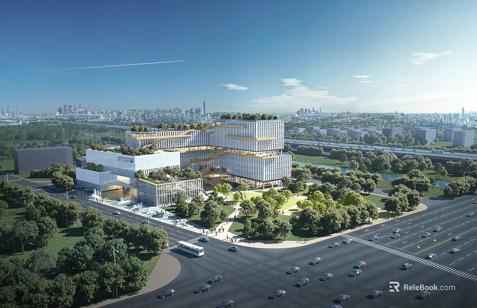 Modern Architectural Complex With Green Roof Trees Urban Road Vehicles And City Skyline 3d model 