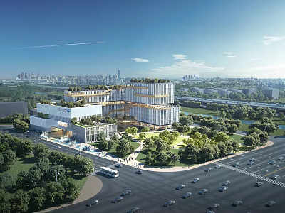 Modern Architectural Complex With Green Roof Trees Urban Road Vehicles And City Skyline 3d model