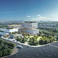 Modern Architectural Complex With Green Roof Trees Urban Road Vehicles And City Skyline