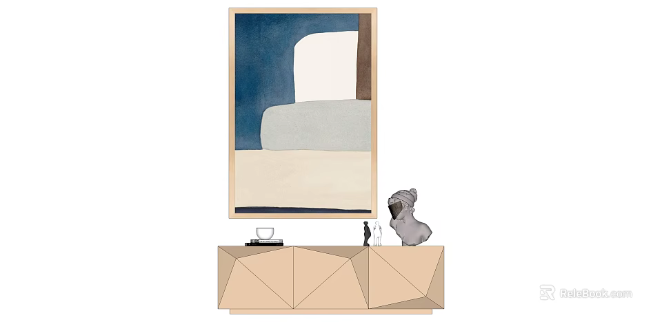 Geometric Beige Cabinet with Abstract Painting Koala Figurine Cup and Decorative Items 3d model 
