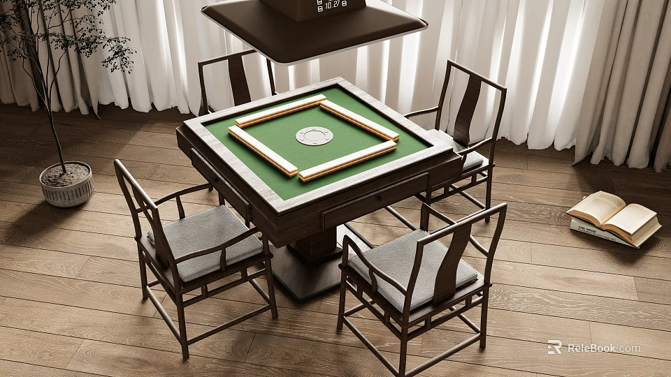 Dark Wood Mahjong Entertainment Table With Green Surface And Four Gray Chairs 3d model 