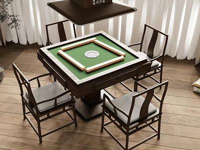 Dark Wood Mahjong Entertainment Table With Green Surface And Four Gray Chairs 3d model